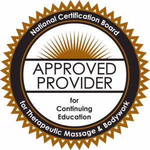 Seal displaying "Approved Provider for Continuing Education" from the National Certification Board for Therapeutic Massage & Bodywork.